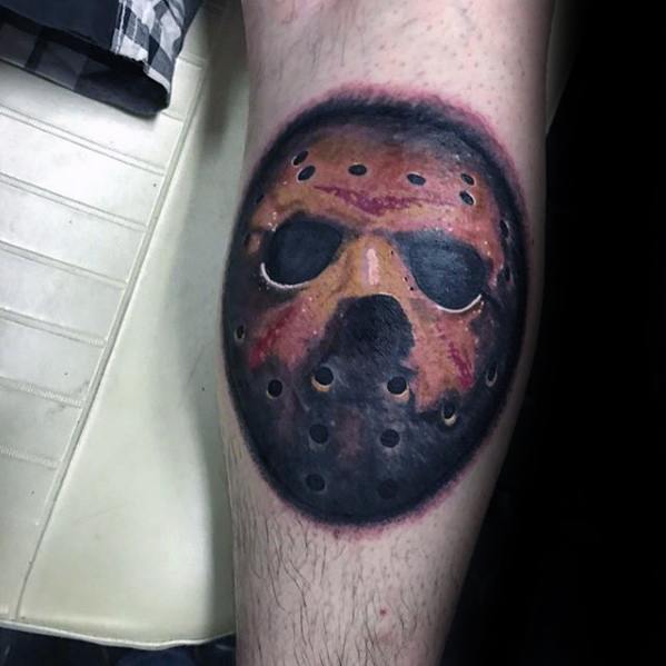 Male Jason Mask Tattoo Design Inspiration On Leg Calf
