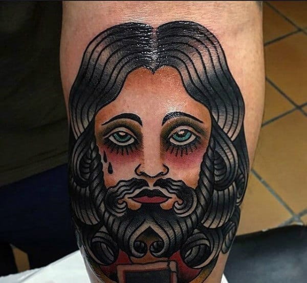 Male Jesus Arm Tattoo Designs With Old School Style Ink