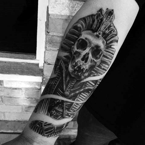 Male King Tut Skeleton Skull Tattoo On Inner Forearm