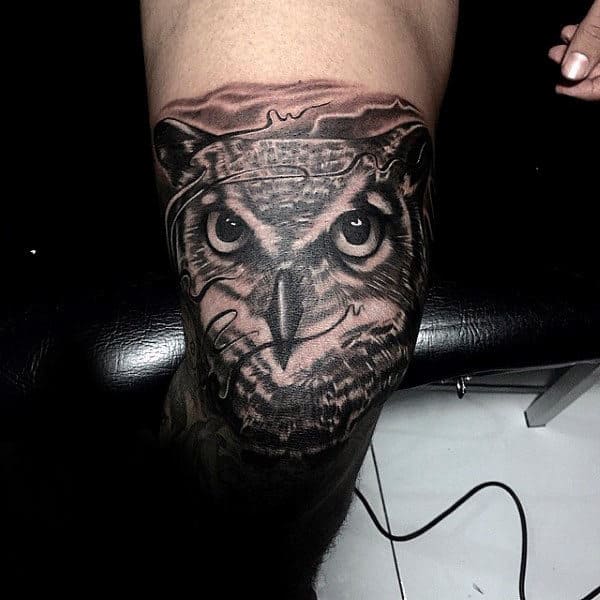 Male Knee And Leg Awesome Owl Tattoo