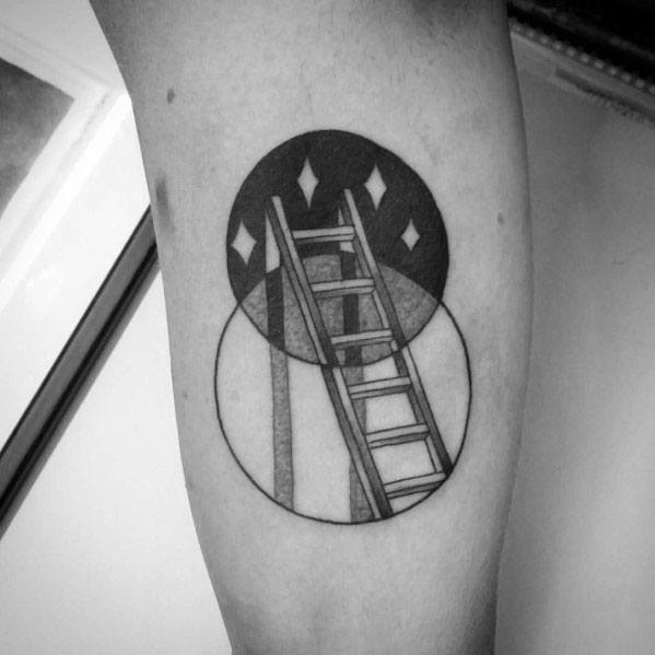 Geometric ladder tattoo merging two circles, symbolizing ascension and cosmic ambition, ideal for men's forearms or calves.