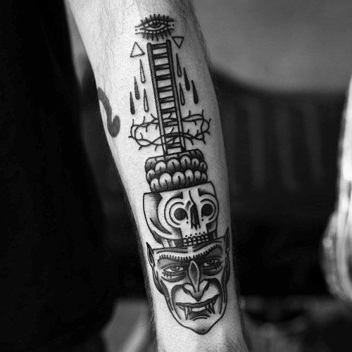 Striking ladder tattoo combined with eye, skull, and mask imagery, symbolizing enlightenment and mystery, ideal for men's forearms.