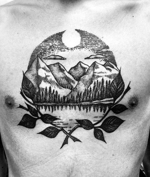 Chest tattoo featuring a dotwork mountain and lake scene with pine trees, full moon, and leafy branches framing the composition.