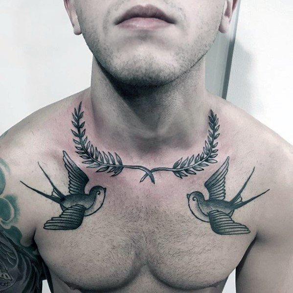 Male Laurel Wreath Sparrow Collarbone Tattoo