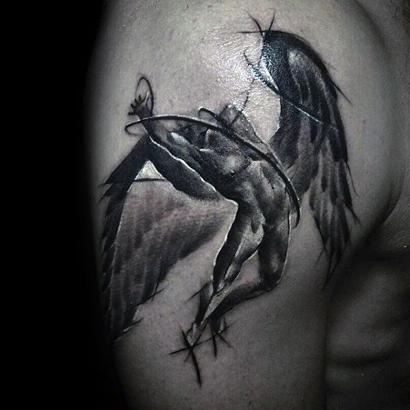 Muscular arm tattoo of the iconic Icarus figure with wings spread wide, inspired by Led Zeppelin's Swan Song Records logo.