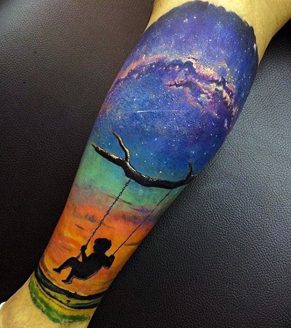 Male Leg 3d Child On Swing Under Sky Celestial Tattoo Ideas