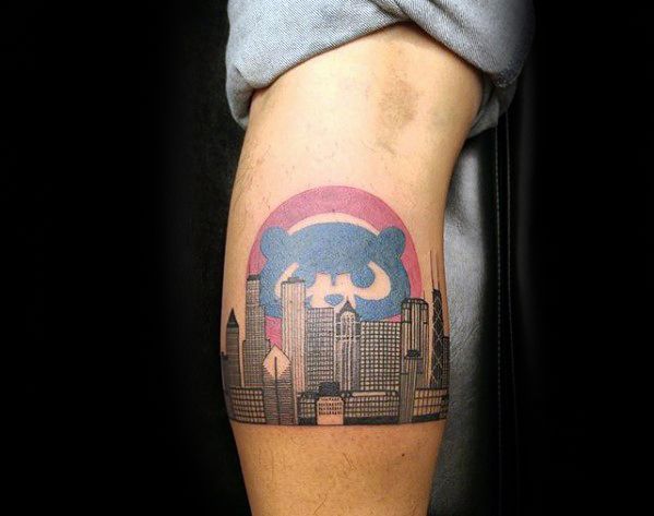 Male Leg Calf City Skyline Chicago Cubs Tattoo