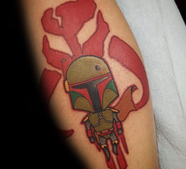 Cartoon-style Boba Fett tattoo with a red Mythosaur skull in the background, featuring bold outlines and playful proportions.