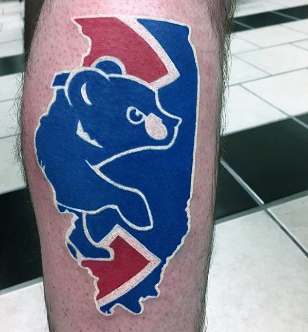 Male Leg Chicago Cubs Tattoo Design Inspiration With Red Blue And White Ink