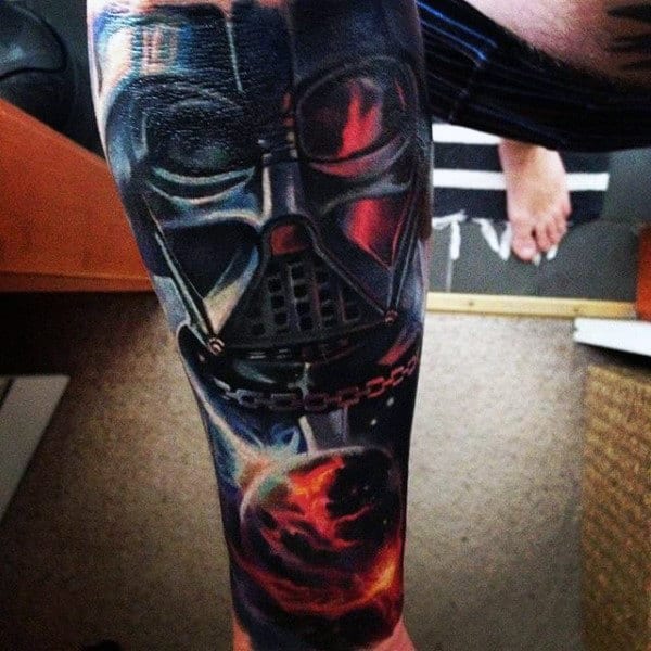 Male Leg Raging Fire Death Vader Tattoo