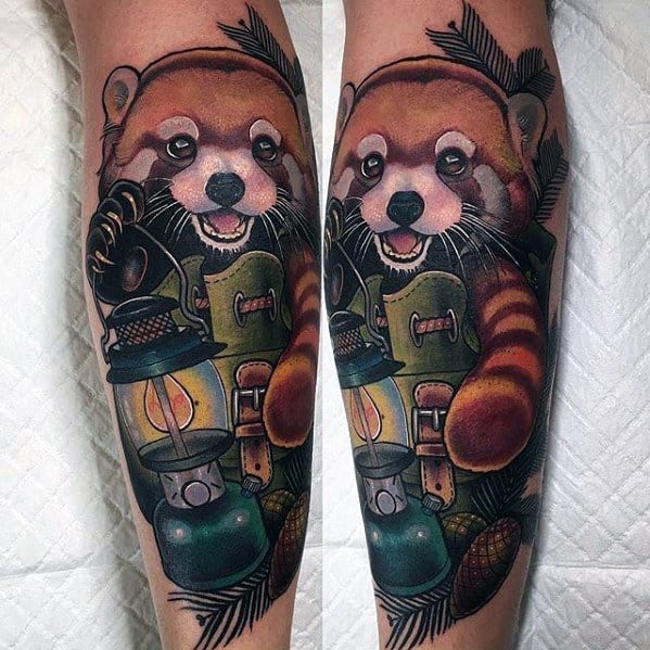 Male Leg Red Panda With Lantern Tattoo Ideas