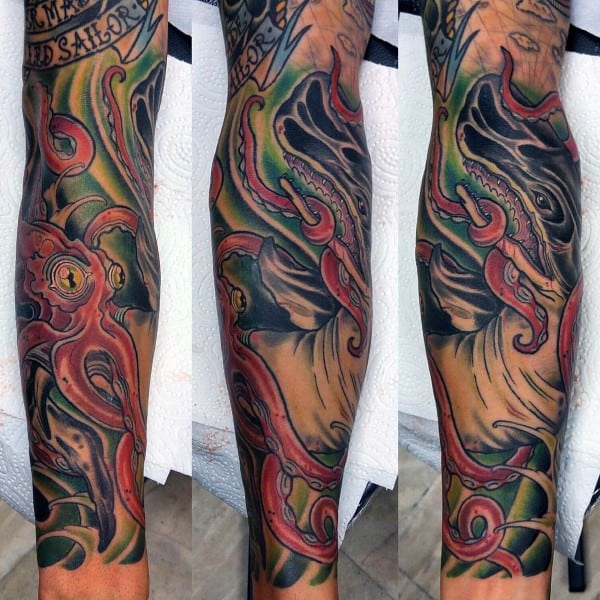 Male Leg Sleeve Tattoo Of Kraken Sea Monster