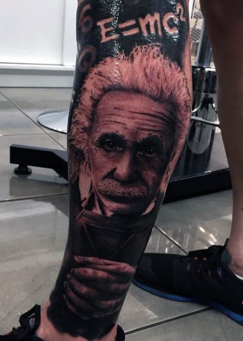 Male Leg Sleeve Tattoo With Albert Einstein Design