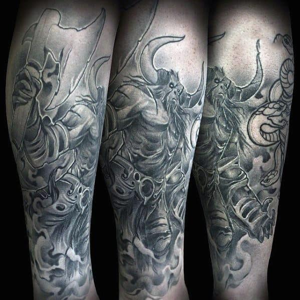 Male Leg Sleeve Tattoo With Minotaur Design