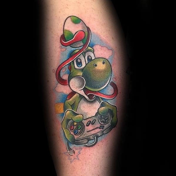 Male Leg Tattoo With Yoshi Design