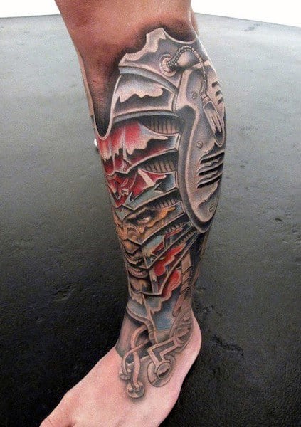 Realistic biomechanical tattoo covering the leg with intricate details and colors