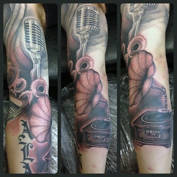 Male Legs Gramophone And Mic Tattoo