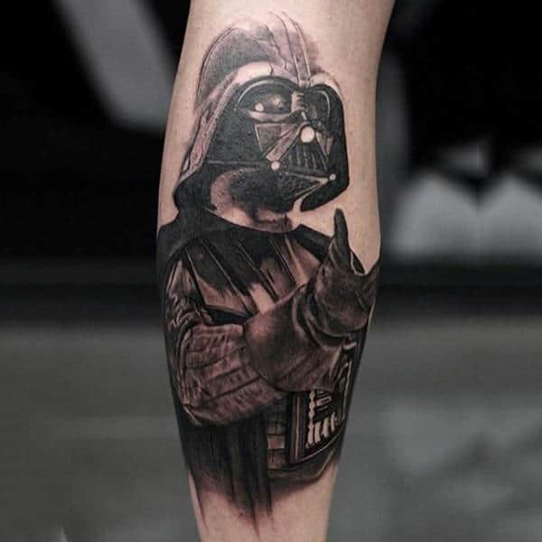 Male Legs Grey Shaded Darth Vader Tattoo