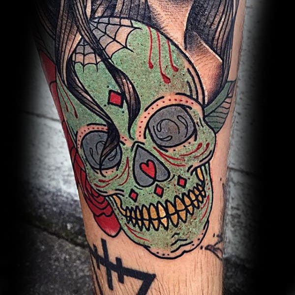 Male Legs Manly Green Skull Tattoo