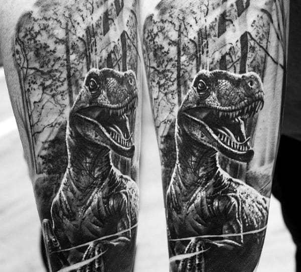 Male Legs Spectacular Grey Dinosaur Tattoo