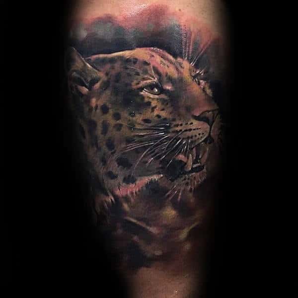 Male Leopard Watercolor Arm Tattoos