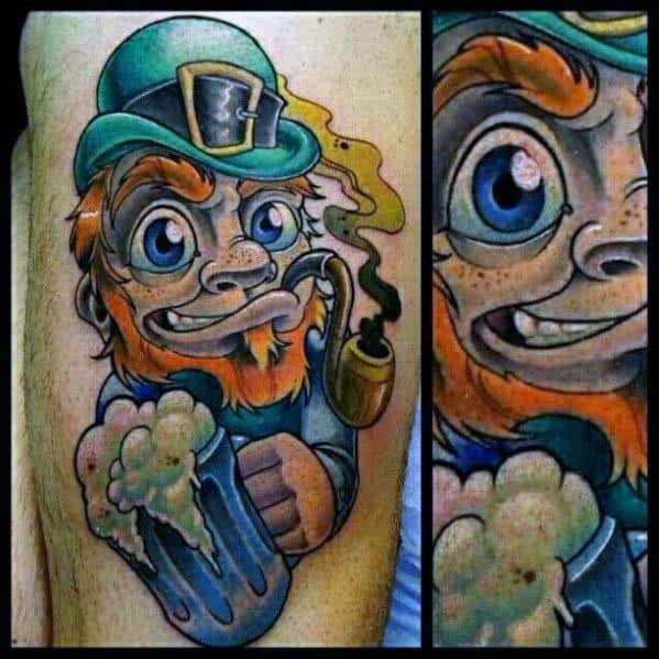 Vibrant cartoon-style leprechaun tattoo with wide blue eyes, smoking a pipe and holding a foamy beer mug, wearing a shiny green hat.