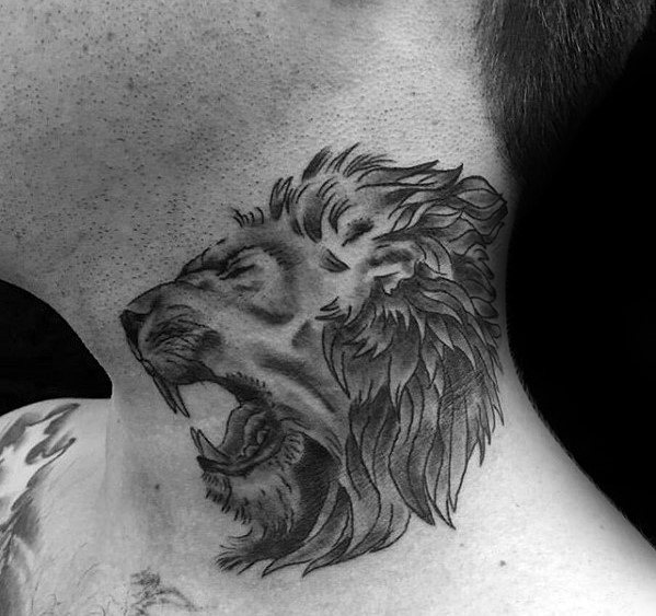 Roaring lion neck tattoo with bold shading and flowing mane, symbolizing strength, courage, and power in a striking and detailed design.