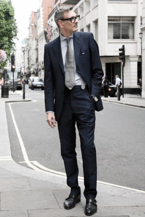Male Looks Navy Blue Suit Black Shoes Grey Polka Dot Tie Style