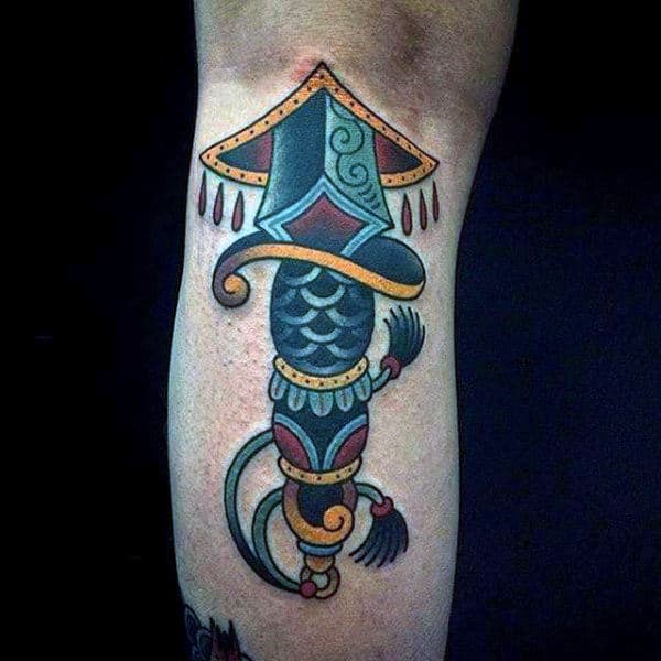 Male Lower Legs Artistic Dagger Tattoo