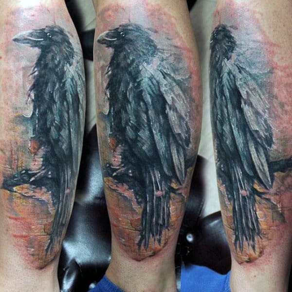 Realistic raven tattoo on a leg