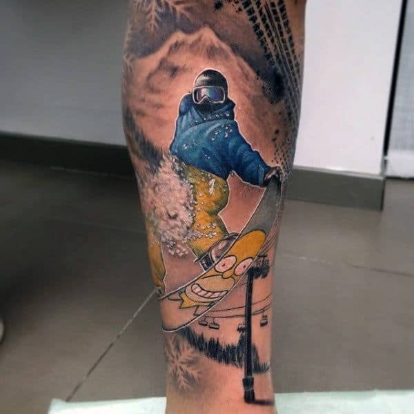 Male Lower Legs Simpsons Themed Snowboard Tatto