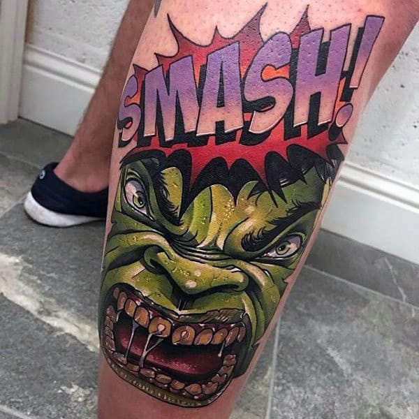 Male Lower Legs Smash Hulk Tattoo