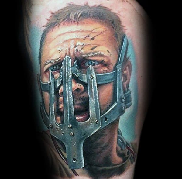 Male Mad Max Tattoo Ideas On Thigh With 3d Design