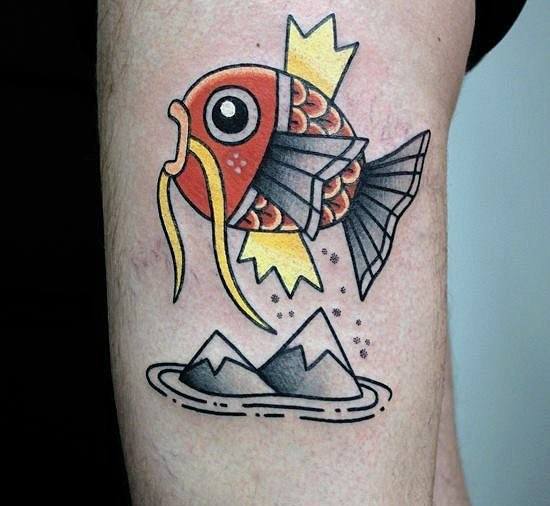 Geometric-style Magikarp tattoo jumping over mountains, featuring bold lines, patterned scales, and a minimalist aesthetic.