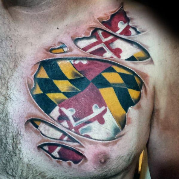 Maryland flag tattoo on the chest with a torn skin effect, creating a striking 3D illusion of the flag beneath the surface.