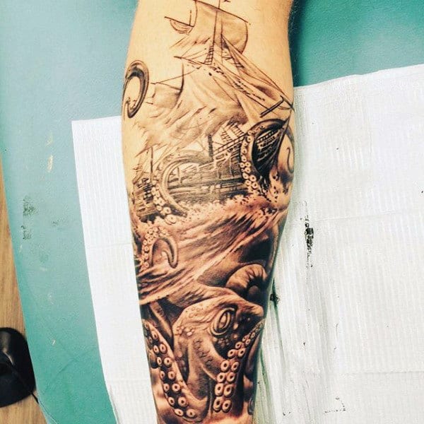 Detailed black and grey calf tattoo of a giant octopus attacking a sailing ship, with realistic waves and intricate shading