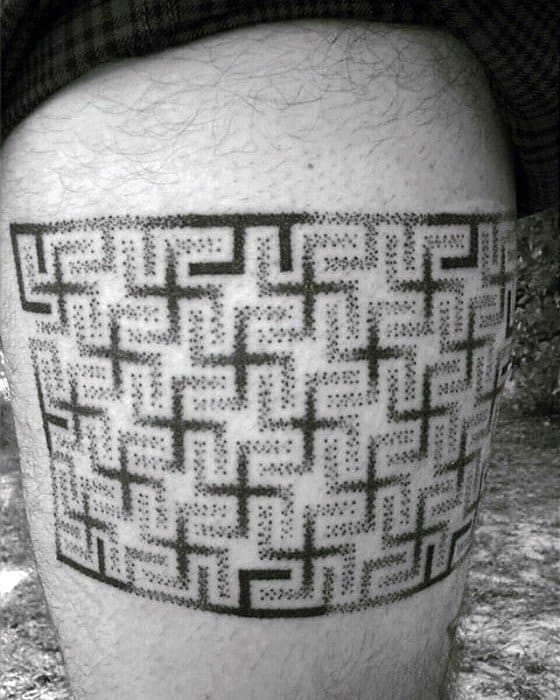 Male Maze Thigh Dotwork Tattoo Ideas