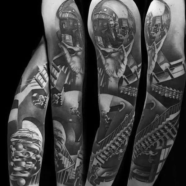 Full sleeve tattoo inspired by MC Escher, featuring “Hand with Reflecting Sphere,” infinite staircases, and surreal geometric illusions.