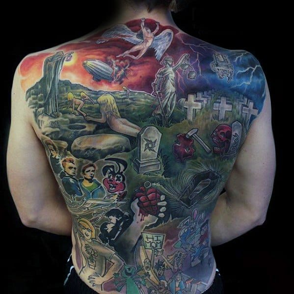 Full back tattoo collage featuring colorful scenes and symbols from Metallica albums, including Lady Justice, crosses, skulls, and iconic artwork references.