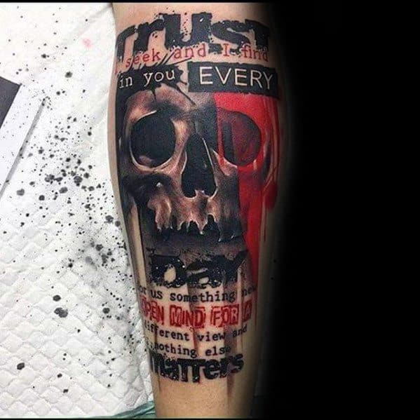 Forearm tattoo of a skull with red paint drip, overlaid with lyrics and phrases from Metallica’s “Nothing Else Matters” in bold collage style.