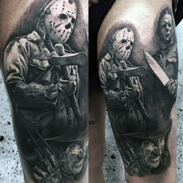This tattoo showcases Jason Voorhees and Michael Myers in a dark, realistic style, capturing their menacing presence with fine detail.