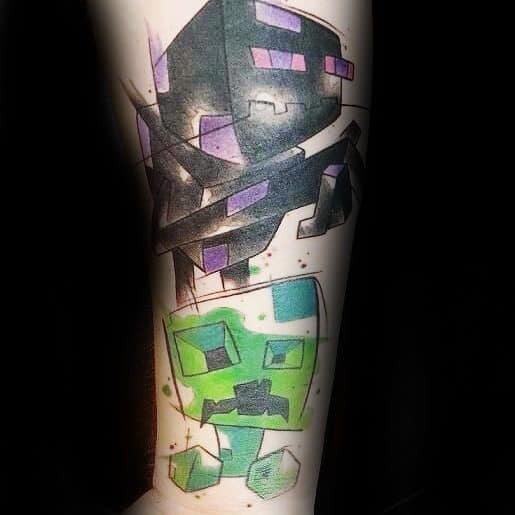 Abstract Minecraft tattoo featuring stylized Enderman and Creeper faces with bold lines, purple and green accents, and a modern twist.