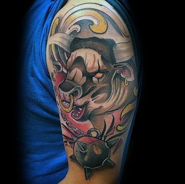 Male Minotaur Arm Half Sleeve Tattoo Design Inspiration