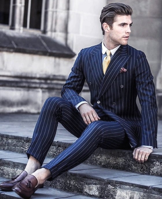 Male Modern Navy Blue Suit Brown Shoes Style Inspiration