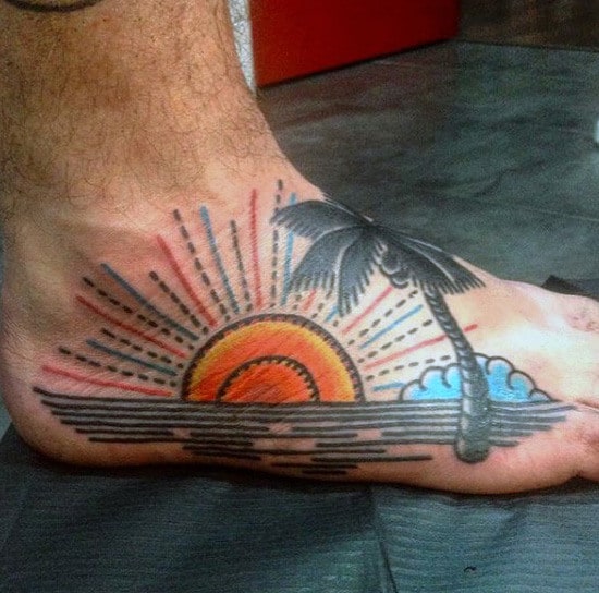 Male Modern Sunset And Palm Tattoo On Foot