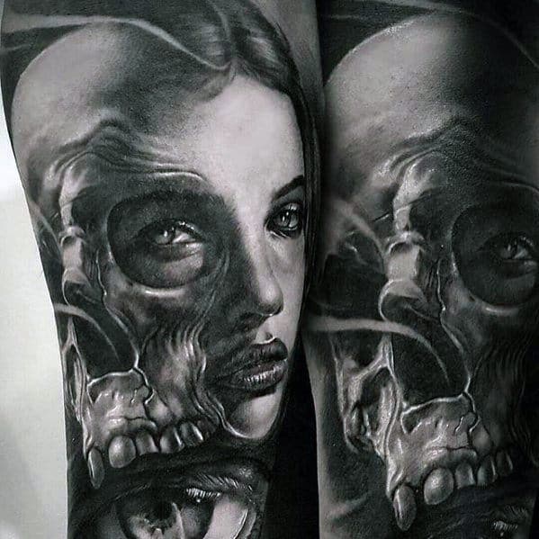 Male Morph Female Face With Skull Arm Tattoo Ideas
