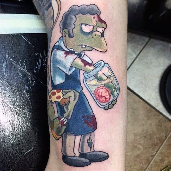 Zombie-themed tattoo of Moe Szyslak from The Simpsons, holding a jar with a brain and carrying a pizza slice in his apron.