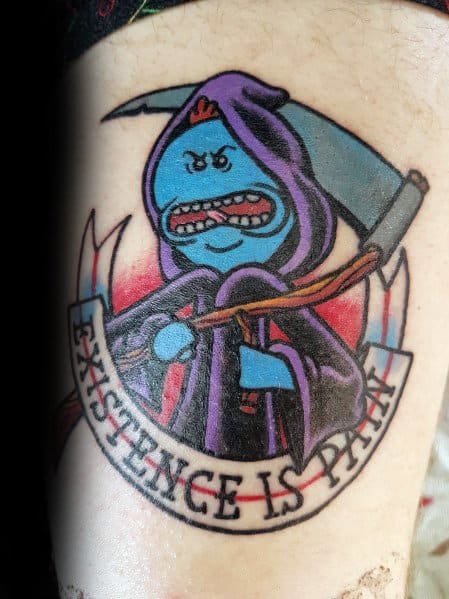 Tattoo of Mr. Meeseeks from Rick and Morty dressed as the Grim Reaper, holding a scythe, with a banner reading 'Existence is Pain.