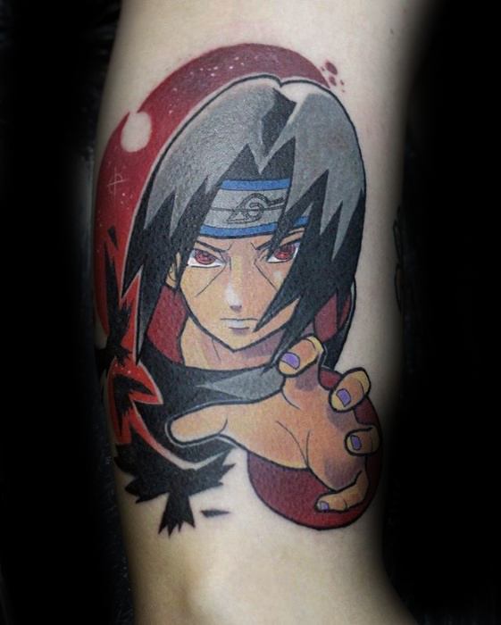 Tattoo of Naruto with black hair, headband, and a determined expression, reaching out boldly