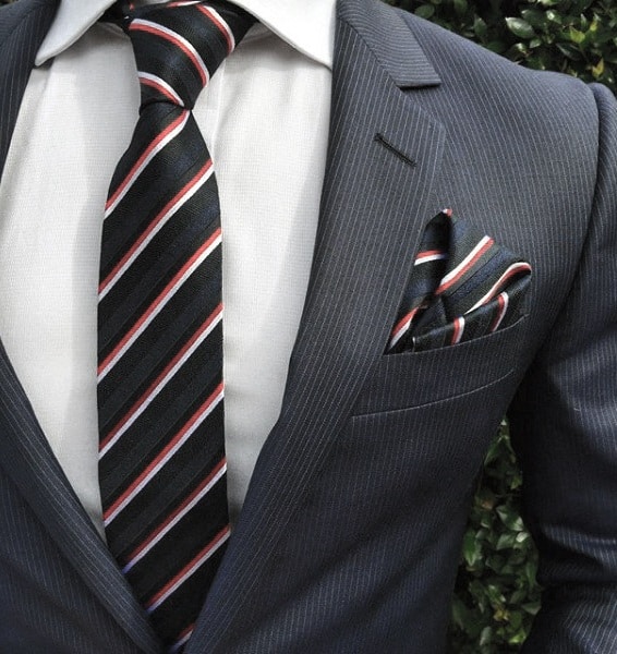 Male Navy Blue Suit Clothing Styles Red White And Black Striped Tie